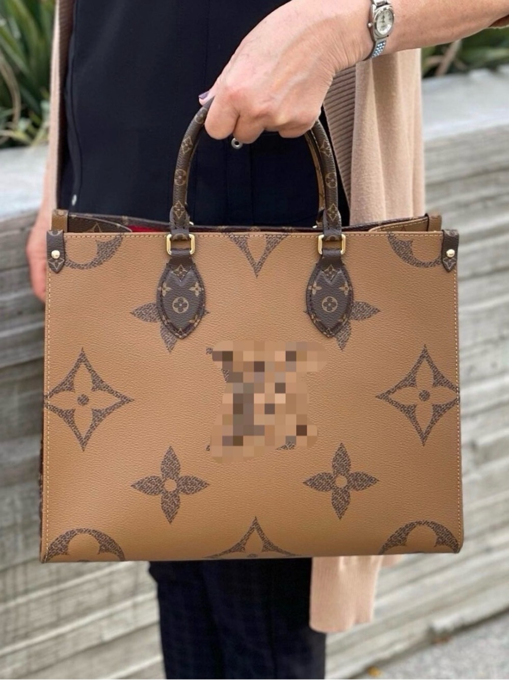 Monogram Print Tan Tote with Dark Brown Trim